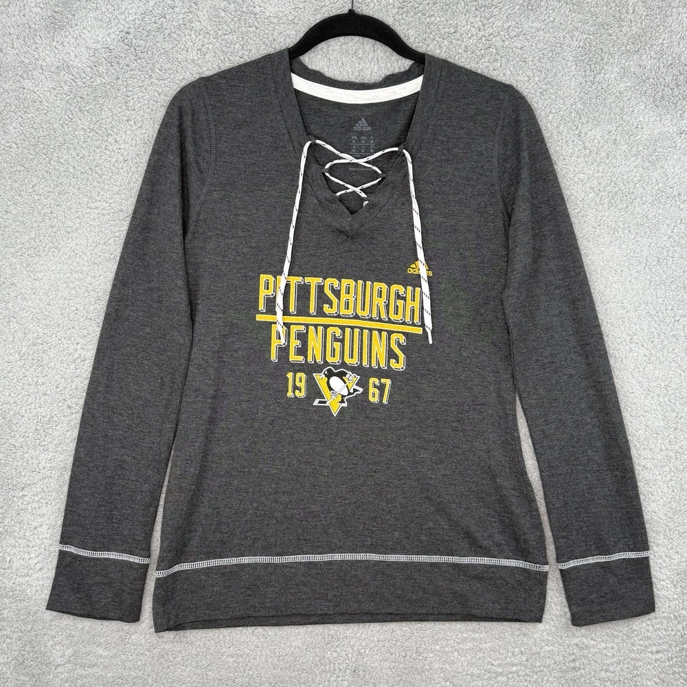 Pittsburgh Penguins Adidas T-Shirt Women's Gray Long Sleeve Lace Up Tie NHL Logo